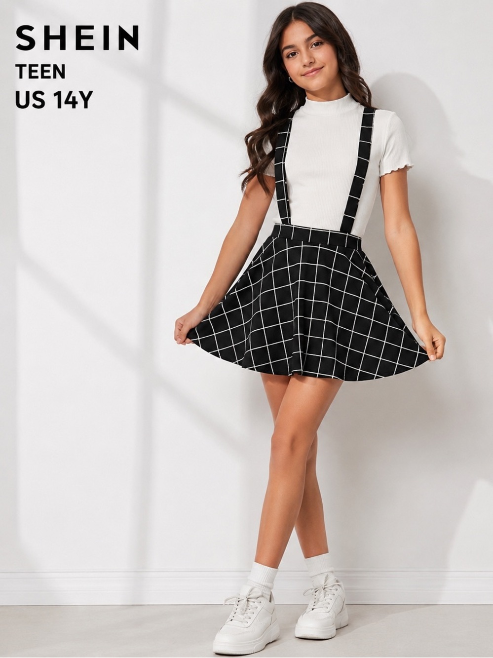 SHEIN Teen Black & White Grid Suspender Skater Skirt Size 14Y